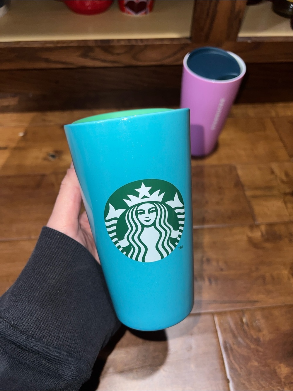 Starbucks GLITTER Teal Turquoise Travel Tumbler with Green Siren Logo
